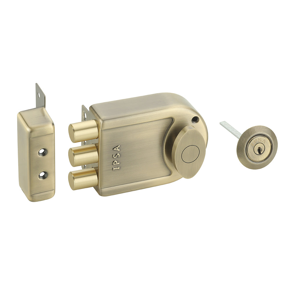 IPSA Big Tribolt Main Door Rim Lock Lockset for Home with Computer Dimple Key Knob On Inside Small Deadlock Finish ATQ